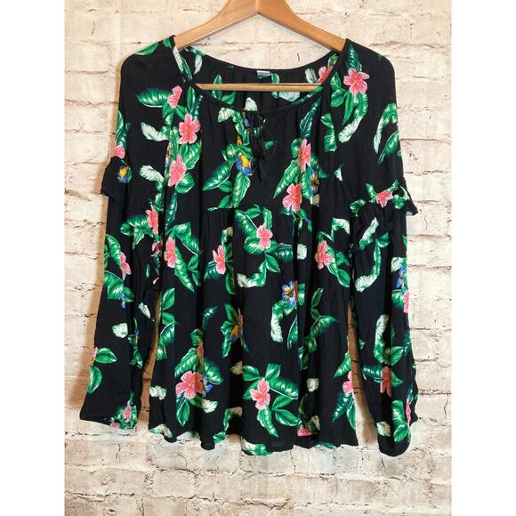 Old Navy Tops - Old Navy Babydoll Top Womens XL Black Tropical Floral Balloon Sleeve Ruffle
